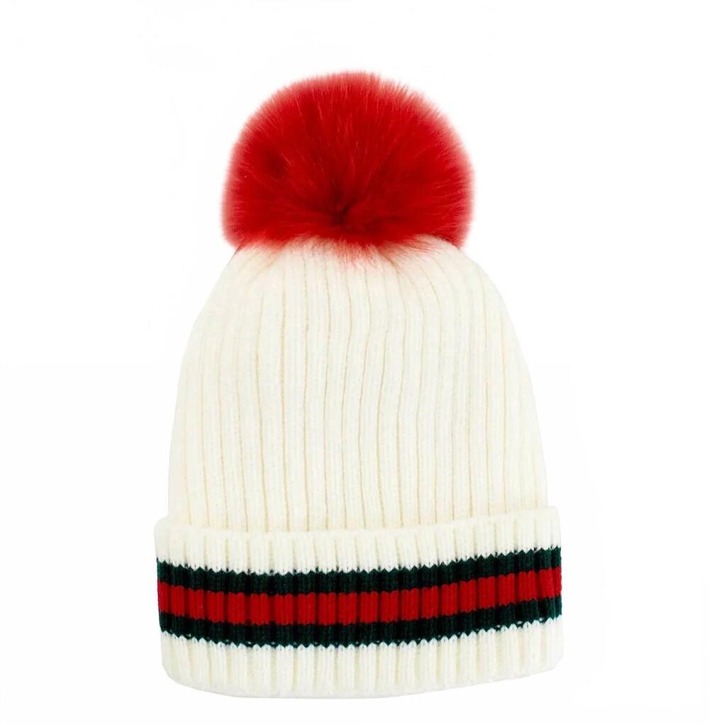 NEW MITCHIE'S MATCHINGS women's knit beanie with stripe & fox fur pom pom in whi